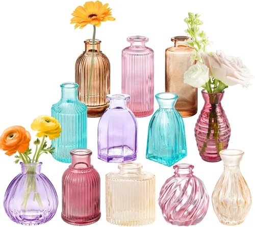 Miniatura 27 de Jarrones de brotes de champán en paquetes al por mayor de 24 envases, jarrones de vidrio ámbar pequeños para decoración, centros de mesa, jarrones