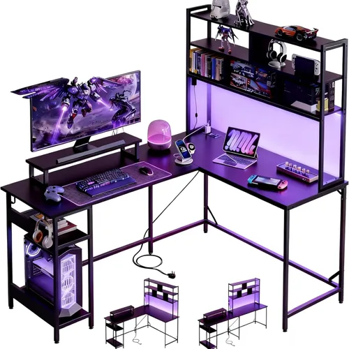 Miniatura 13 de DEVAISE Escritorio para juegos en forma de L de 48 pulgadas con cajones y almacenamiento, escritorio de esquina con luces LED, tomas de corriente