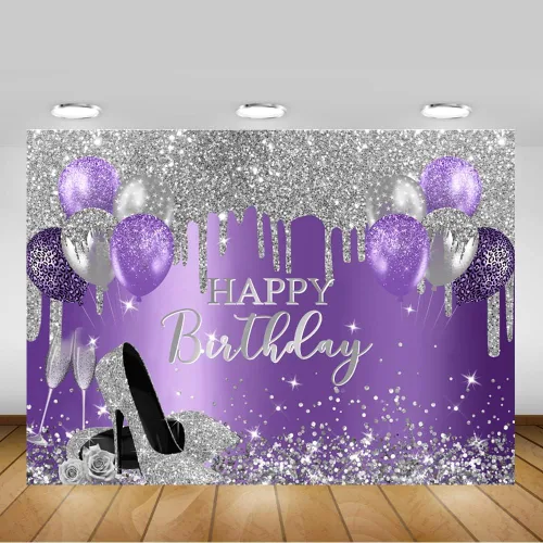 Miniatura 5 de Mocsicka Telón de fondo de cumpleaños morado y plateado, decoración de fiesta de cumpleaños, globos con purpurina, tacones altos, telón de fondo