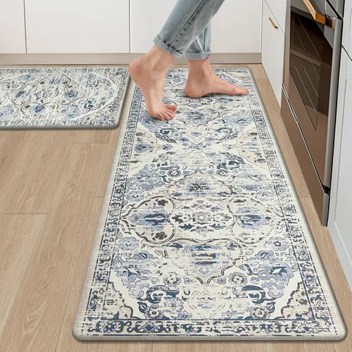 Miniatura 16 de Ileading Juego de 2 tapetes de cocina antifatiga, acolchados para piso, impermeables, antideslizantes, cómodos para cocina, oficina, fregadero, Gris