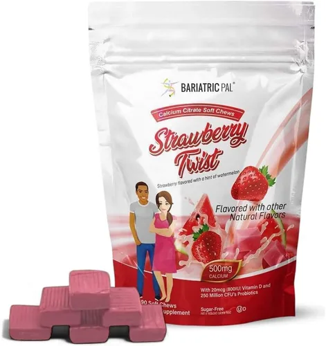 BariatricPal Masticables suaves de citrato de calcio sin azúcar, 500 mg con probióticos (90 unidades) - Fresa Twist