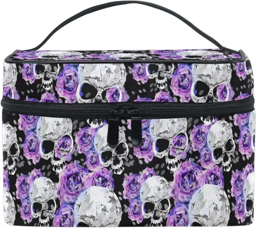 Miniatura 11 de Bolsa de Maquillaje, Estuche de Maquillaje Organizador de Viaje con Diseño de Calavera y Flores, Estuche de Cosméticos, Bolsas de Aseo para Niñas