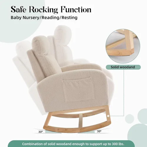 Miniatura 7 de IDEALHOUSE Mecedora para guardería, mecedora tapizada con respaldo alto y bolsillo lateral, cómoda silla de lactancia para lactancia, sillón