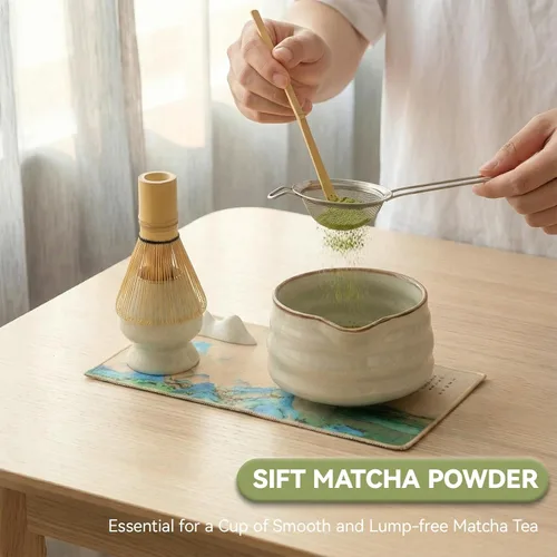 Miniatura 7 de Juego de cuencos de matcha, juego de matcha de cerámica con cuenco y batidor, soporte para batidor, tamiz, cuchara, reposapallo y toalla de té, kit