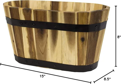 Miniatura 9 de Avera Products Maceta ovalada de barril de madera, maceta de 15 x 8.5 x 8 pulgadas Maceta interior o exterior Barril de madera de acacia