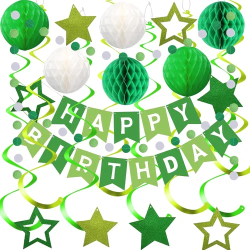 Miniatura 8 de Decoraciones de cumpleaños negras y doradas, pancarta de feliz cumpleaños con estrellas negras y doradas, serpentinas colgantes de espiral, bolas