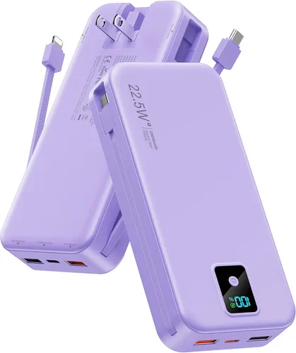 Miniatura 16 de Cargador portátil, cargador de batería de carga rápida de 12000 mAh 22.5 W con cables integrados y enchufe de pared, paquete de baterías esenciales