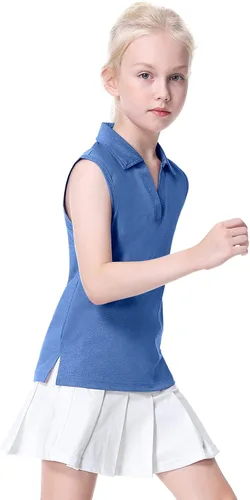 Miniatura 2 de EXARUS Camisetas polo de golf para niñas, sin mangas, cuello en V, tenis, atléticas, para ejercicio escolar de 5 a 12 años