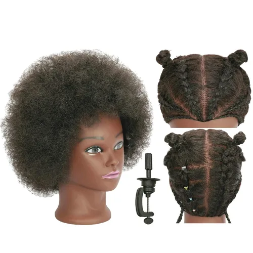 Cabeza de maniquí con cabello rizado afro 100% cabello humano real para práctica de peluquería, cosmetología, muñeca maniquí para peinado, extensión