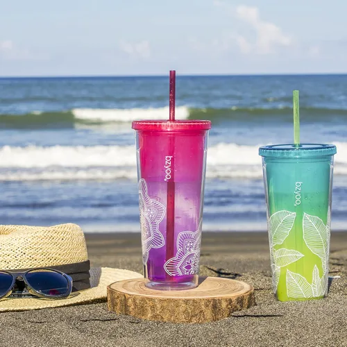 Miniatura 2 de bzyoo SIP 24 onzas líquidas (710ml) Vaso de plástico de doble pared con tapa y pajita para bebidas frías, taza de viaje reutilizable, taza de fiesta