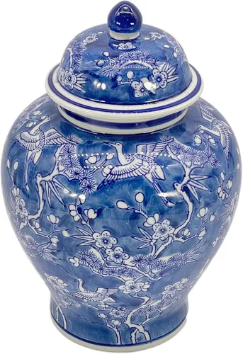 Miniatura 2 de Galt International Tarro chinoiserie de grúa floral azul y blanco de 12 pulgadas con tapa, tarro de jengibre, almacenamiento de té, decorativo
