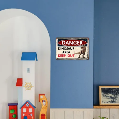 Miniatura 4 de Divertida decoración de pared de dinosaurios, letreros y carteles metálicos para habitación de niños, baño o cueva, 12 x 8 pulgadas