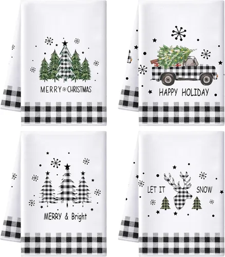 Preboun Juego de 4 Toallas de Cocina Navideñas de 17x26'' a Cuadros Buffalo Absorbentes, Toalla de Platos Navideña con Diseños de Árbol de Navidad,