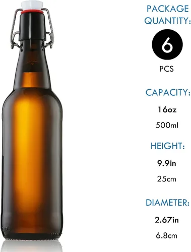 Miniatura 7 de YEBODA Botellas de cerveza de vidrio ámbar de 16 onzas para elaboración casera con tapas abatibles, caja de 6
