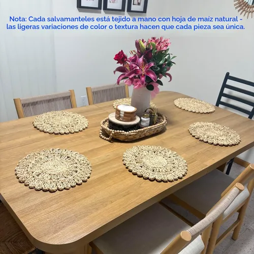 Miniatura 7 de Manteles individuales redondos de cáscara de maíz de 13.8 pulgadas Tapetes de mesa de ratán tejido bohemio Cargadores de platos de granja