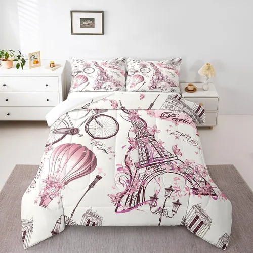 Juego de edredón con diseño de torre Eiffel para parejas, tamaño Queen, color rosa, decoración temática romántica, para niñas, adultos, mujeres,