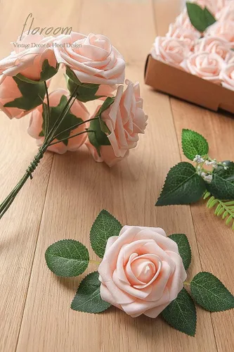 Miniatura 7 de Floroom - Flores artificiales de aspecto real de 25 unidades, rosas de espuma color rubor con tallos para ramos de boda, centros de mesa, despedida