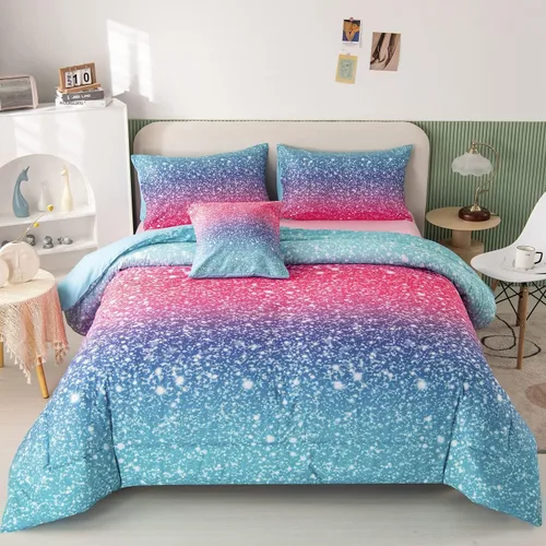 Miniatura 15 de RYNGHIPY Juego de ropa de cama tamaño matrimonial de sirena para niñas, colorido arco iris, juego de edredón con sábanas suaves y ligeras, 6 piezas