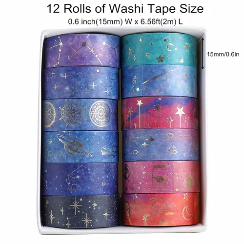 Miniatura 2 de Juego de 12 rollos de cinta adhesiva Galaxy Washi, cinta adhesiva decorativa de lámina dorada para álbumes de recortes, diario, planificador, Galaxy