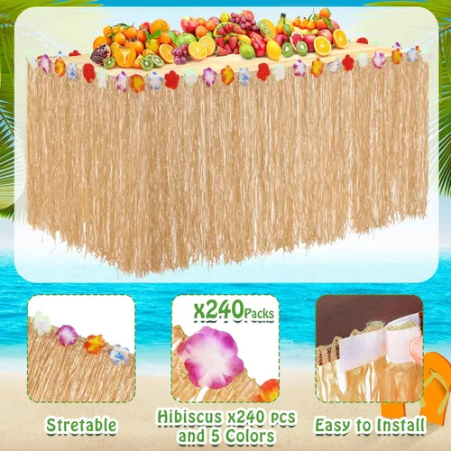Miniatura 3 de Juexica Paquete de 8 faldas de mesa de hierba Luau de 9 x 30 pulgadas, falda de mesa hawaiana de flores de hibisco sintético, decoraciones de fiesta