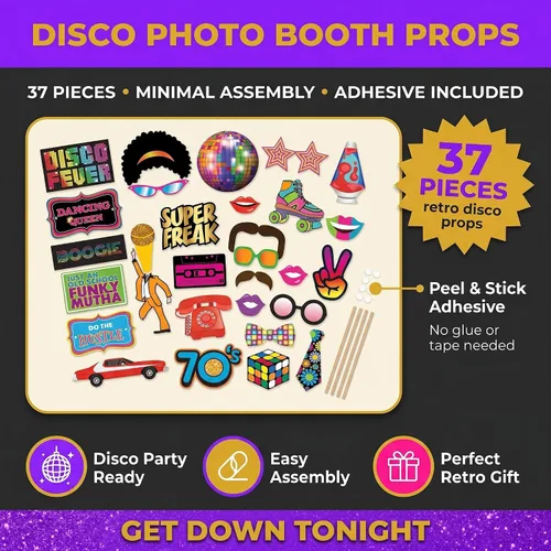 Miniatura 3 de Accesorios para cabina de fotos de discoteca – 37 piezas – Suministros de fiesta de discoteca retro de los años 70, decoraciones y regalos