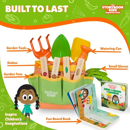 Miniatura 3 de Juego de jardinería para niños – El kit de jardinería para niños pequeños incluye regadera para niños, pala, rastrillo, estacas para plantas, Naranja