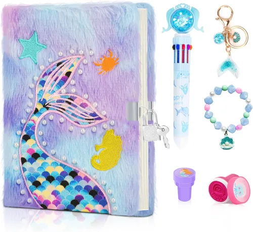 homicozy Diario de sirena para niñas con cerradura y llaves, diario esponjoso tie-dye para niños con 160 páginas rayadas, cuaderno secreto mullido