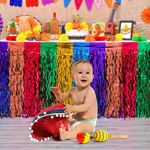 Miniatura 3 de Decoraciones de fiesta Mega-L, paquete de 2 decoraciones de fiesta de tacos Cinco de Mayo, faldas de mesa onduladas de oropel metálico con flecos