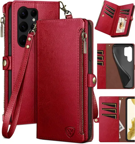 Miniatura 16 de XcaseBar Funda tipo cartera para Samsung Galaxy S23 Ultra con cremallera【Bloqueo RFID】 Soporte para tarjeta de crédito, libro de folio con tapa Rojo