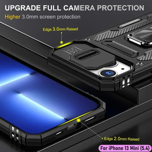 Miniatura 6 de Funda resistente para Apple iPhone 13 Mini, protección híbrida de goma de doble capa de grado militar con protector de cámara deslizante, soporte