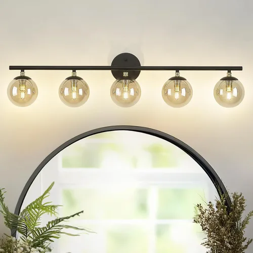 LMS LMS-116-5 - Lámpara de tocador de 5 luces, iluminación moderna para baño sobre espejo, acabado dorado negro y latón con pantalla de vidrio