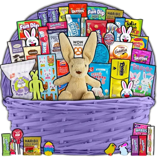 Cesta de Pascua morada para niños y adultos (40 artículos) – Cesta de regalo llena de caramelos, bocadillos, golosinas y conejo de Pascua de peluche