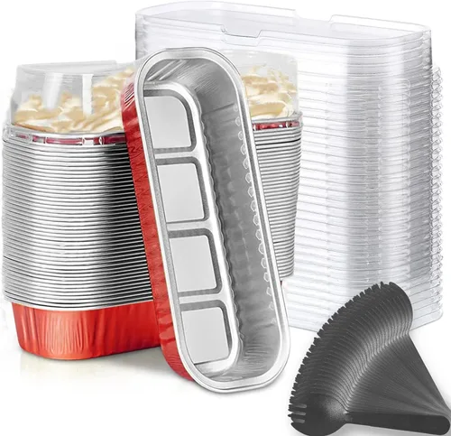 Miniatura 12 de Findful Mini Moldes para Hornear Pan con Tapas y Cucharas (Paquete de 50, 6.8oz) Moldes Rectangulares de Papel de Aluminio para Hornear Recipientes