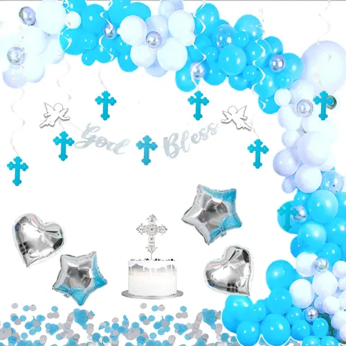 Elkanah Decoraciones de bautismo, bautizo, comunión: pancarta blanca y plateada de Dios bendita, decoración de pastel de cruz, globos, ángeles, tira