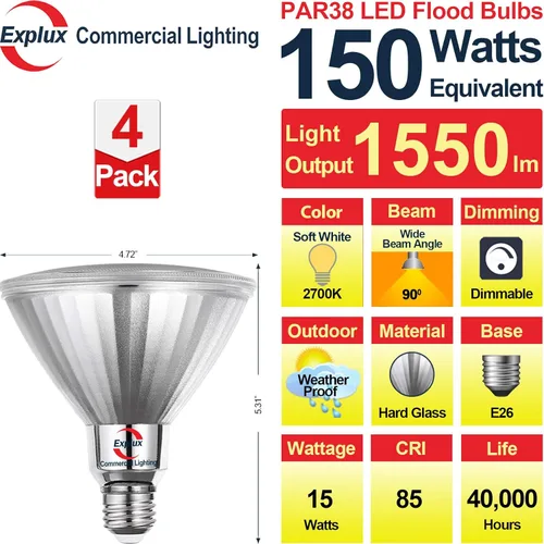 Miniatura 2 de Explux PAR38 LED de grado comercial, equivalente a 150 W, 1550 lúmenes, 40000 horas, bombillas clásicas de vidrio completo, regulables, impermeables