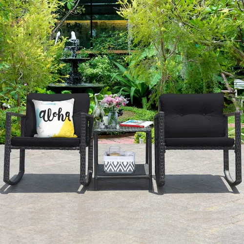 Miniatura 2 de RELAX4LIFE Juego de sillas mecedoras para exteriores, juego de 3 piezas de mimbre de polietileno con mesa de cojines y estante de almacenamiento