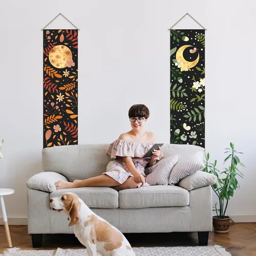 Miniatura 6 de AHANDMAKER 2 tapices de flores y hojas, tapiz de sol y luna, psicodélico largo vertical para colgar en la pared, tapices de estética botánica, tapiz