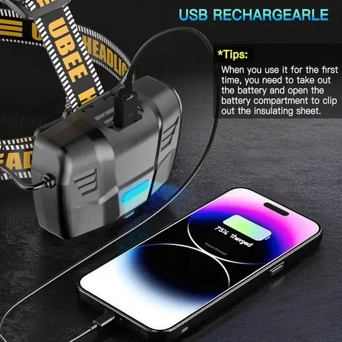Miniatura 5 de UBEE Linterna frontal recargable, 800 lúmenes, lámpara de cabeza LED súper brillante con 7 modos y linterna frontal recargable impermeable IP68