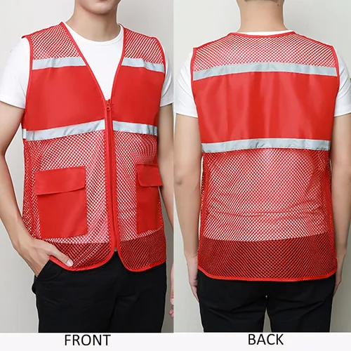 Miniatura 7 de TOPTIE Chaleco de seguridad de malla con cremallera, chaleco de uniforme de voluntario del equipo, chaleco reflectante para correr con bolsillos
