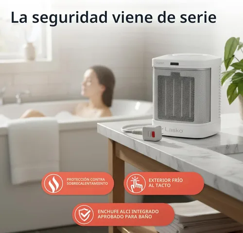 Miniatura 3 de Lasko Calentador Eléctrico Portátil de Cerámica para Espacio con Enchufe ALCI para Uso en Baño, 2 Ajustes de Calor y Botón de Calor Simple, 8
