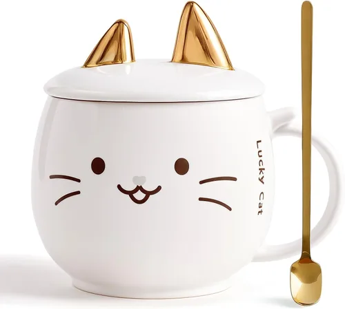 Miniatura 8 de Yuwu Taza de café de cerámica con cuchara y tapa, taza de 13.5 onzas con tapa de soporte para teléfono, bonita taza de té para mujeres y entusiastas