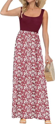 Miniatura 8 de AUSELILY Vestido largo con cuello cuadrado para mujer, sin mangas, floral, holgado, con bolsillos