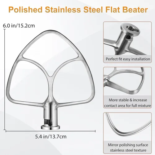 Miniatura 3 de Batidor plano de acero inoxidable para mezclador KitchenAid de 4.5 qt-5 cuartos de galón, apto para mezclador clásico, clásico Plus y artesanal