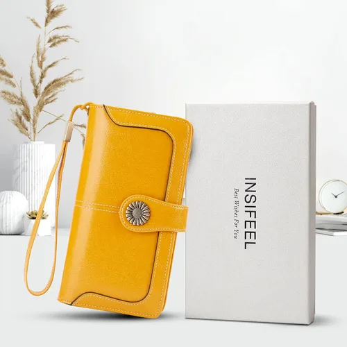 Miniatura 7 de INSIFEEL Billetera pequeña para mujer bolso compacto de cuero con bloqueo RFID RFID para mujer Amarillo Retro