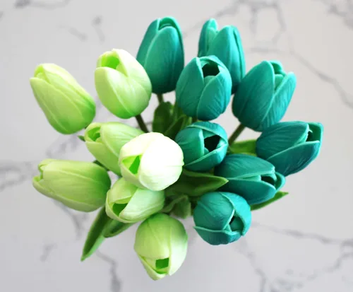 Ooki Paquete de tulipanes de látex multicolor de tacto real, 15 piezas, flores artificiales, para el hogar, boda, bebé, decoración de jardín, Verde