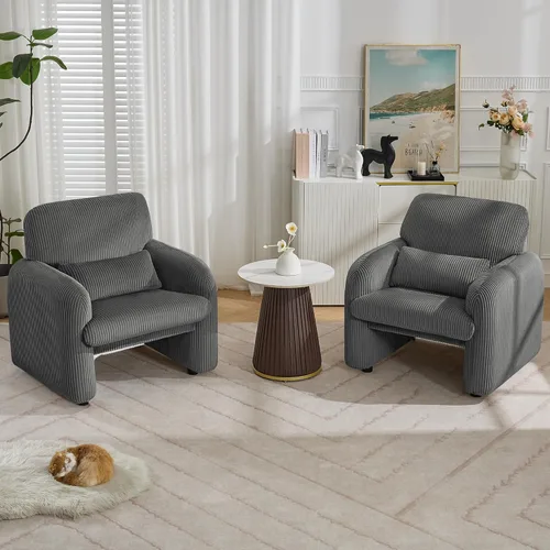 Miniatura 10 de WUTUTUEE Silla decorativa de tela de pana, sillas tapizadas modernas para sala de estar con almohada lumbar, sillón ancho y cómodo para dormitorio