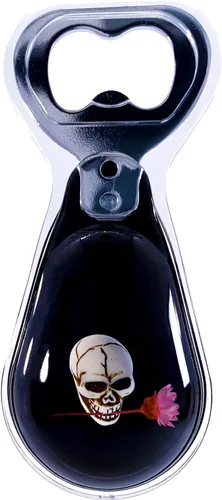 Abrebotellas Magnético – Diseño Original Calavera Mordiendo Flor en Resina Negra – Imán Fuerte para Nevera – Regalo Ligero para Decoración Gótica y