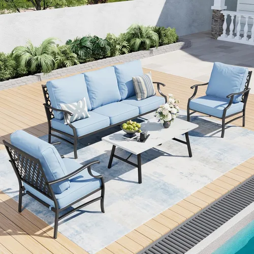 Miniatura 31 de SUNSHINE VALLEY Juego de muebles de patio, 4 piezas de muebles modernos de metal para exteriores, sofá de 3 plazas, 2 sillas mecedoras, mesa