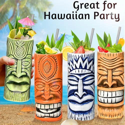 Miniatura 5 de Tiki Mugs - Juego de 4 tazas de cóctel de cristal Tiki de cerámica, vasos de cóctel únicos, taza hawaiana profesional de bar y Halloween fiesta