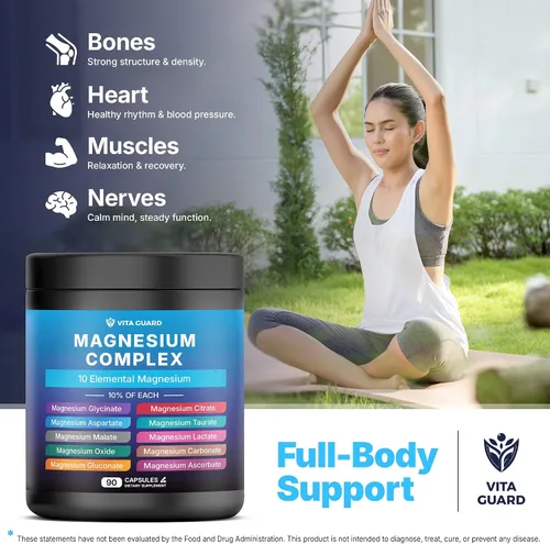 Miniatura 6 de Vita Guard Magnesium Complex 1480mg – 10-in-1 with Glycinate, Citrate, Malate & More – High Absorption – Sleep, Muscle, Nerve & Heart Support – 90